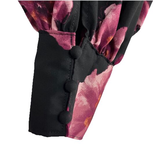 Maurices XL Black Pink Boho Floral Open Slit Cuffed Long Sleeve Blouse Career - Picture 6 of 8